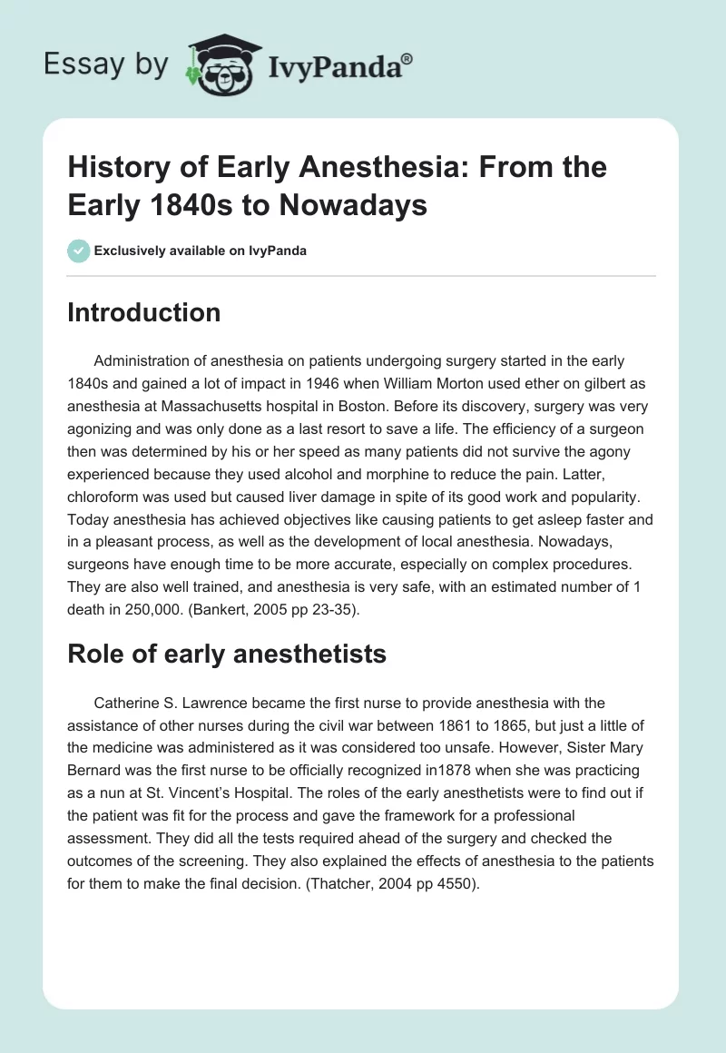 History of Early Anesthesia: From the Early 1840s to Nowadays. Page 1