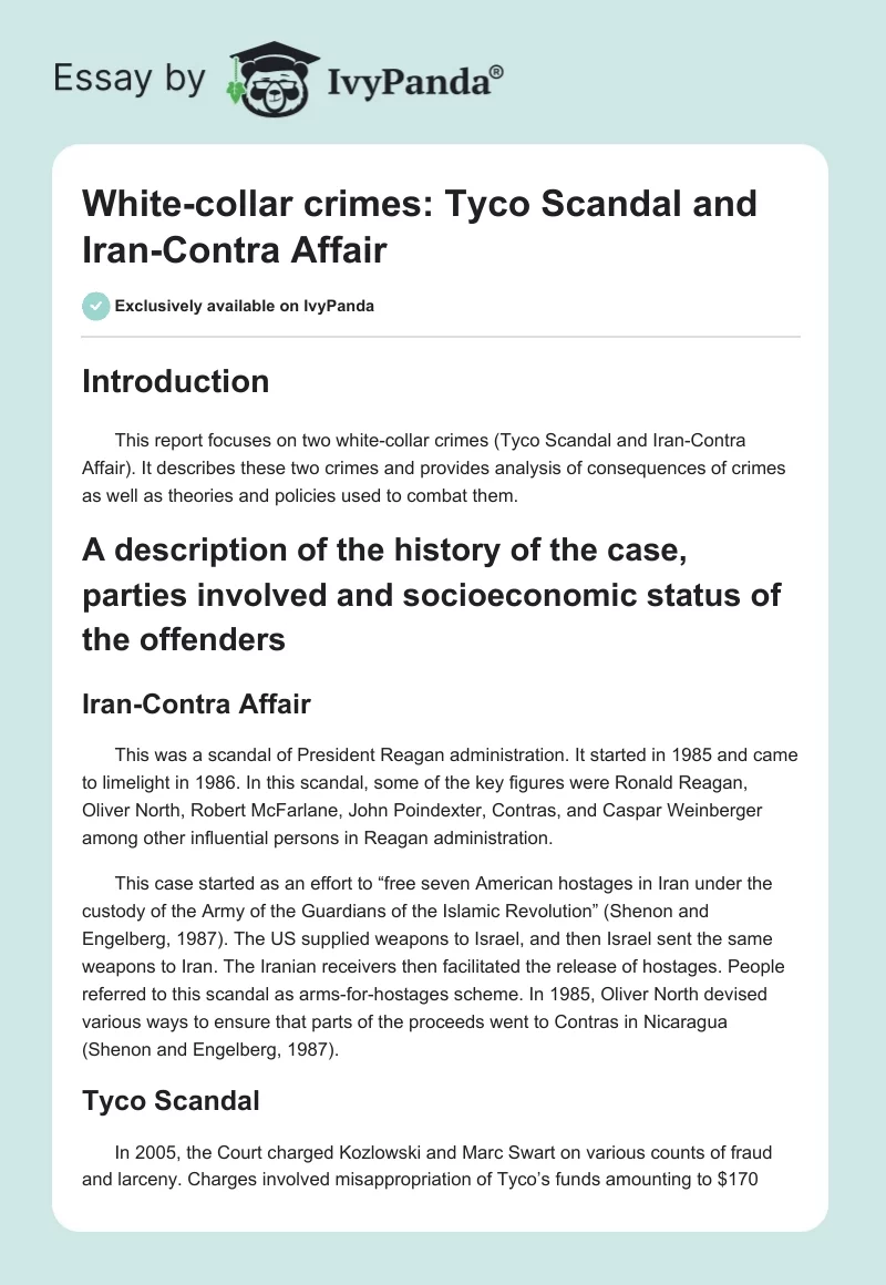 White-Collar Crimes: Tyco Scandal and Iran-Contra Affair. Page 1