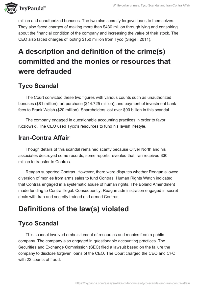 White-Collar Crimes: Tyco Scandal and Iran-Contra Affair. Page 2