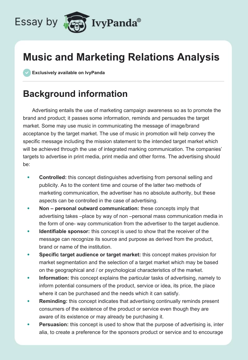 Music and Marketing Relations Analysis. Page 1