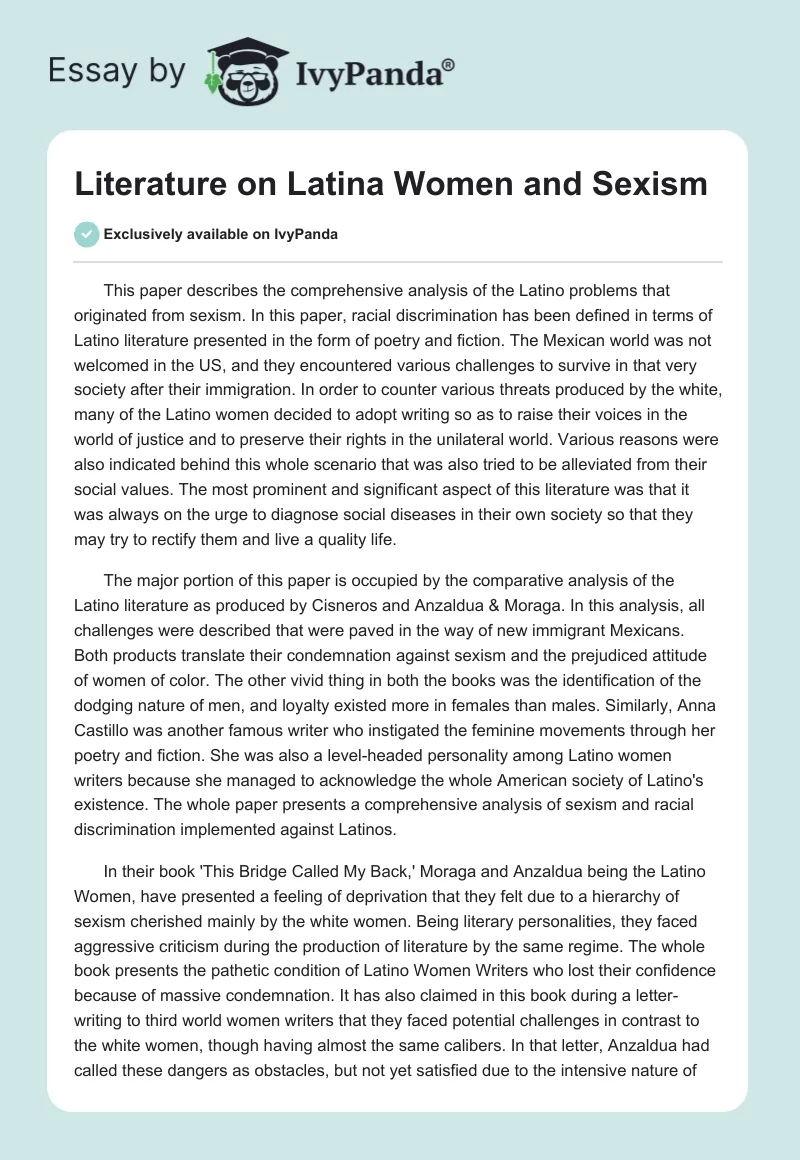 Literature on Latina Women and Sexism. Page 1