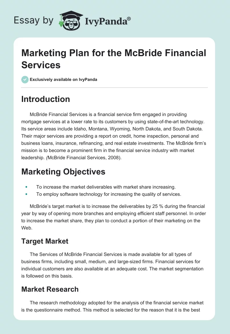 Marketing Plan for the McBride Financial Services. Page 1