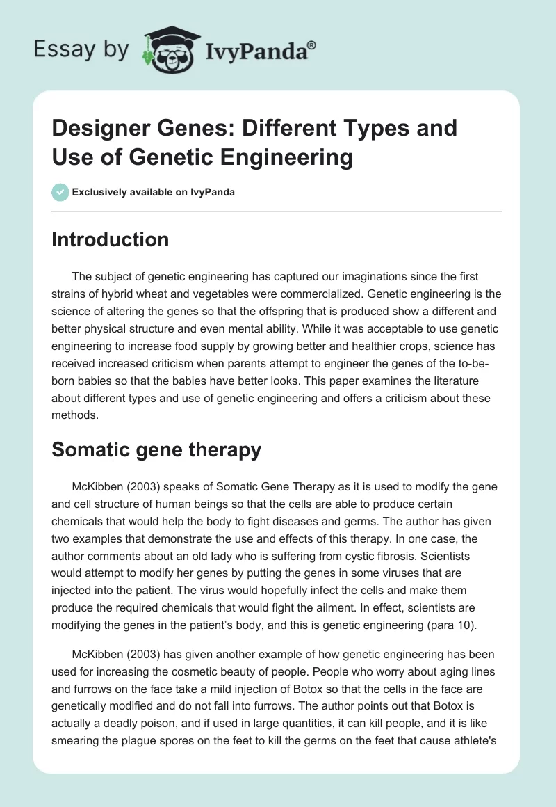 Designer Genes: Different Types and Use of Genetic Engineering. Page 1
