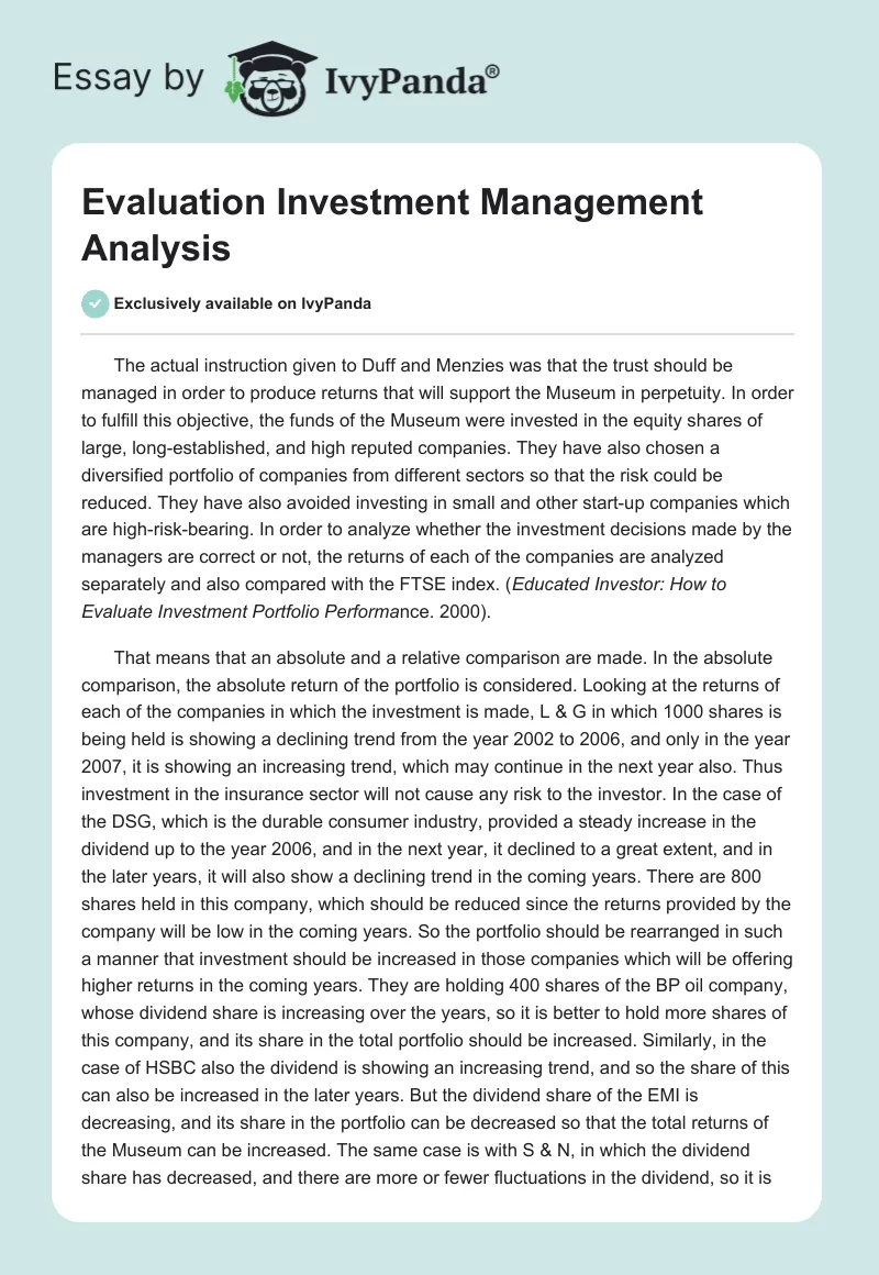 Evaluation Investment Management Analysis. Page 1