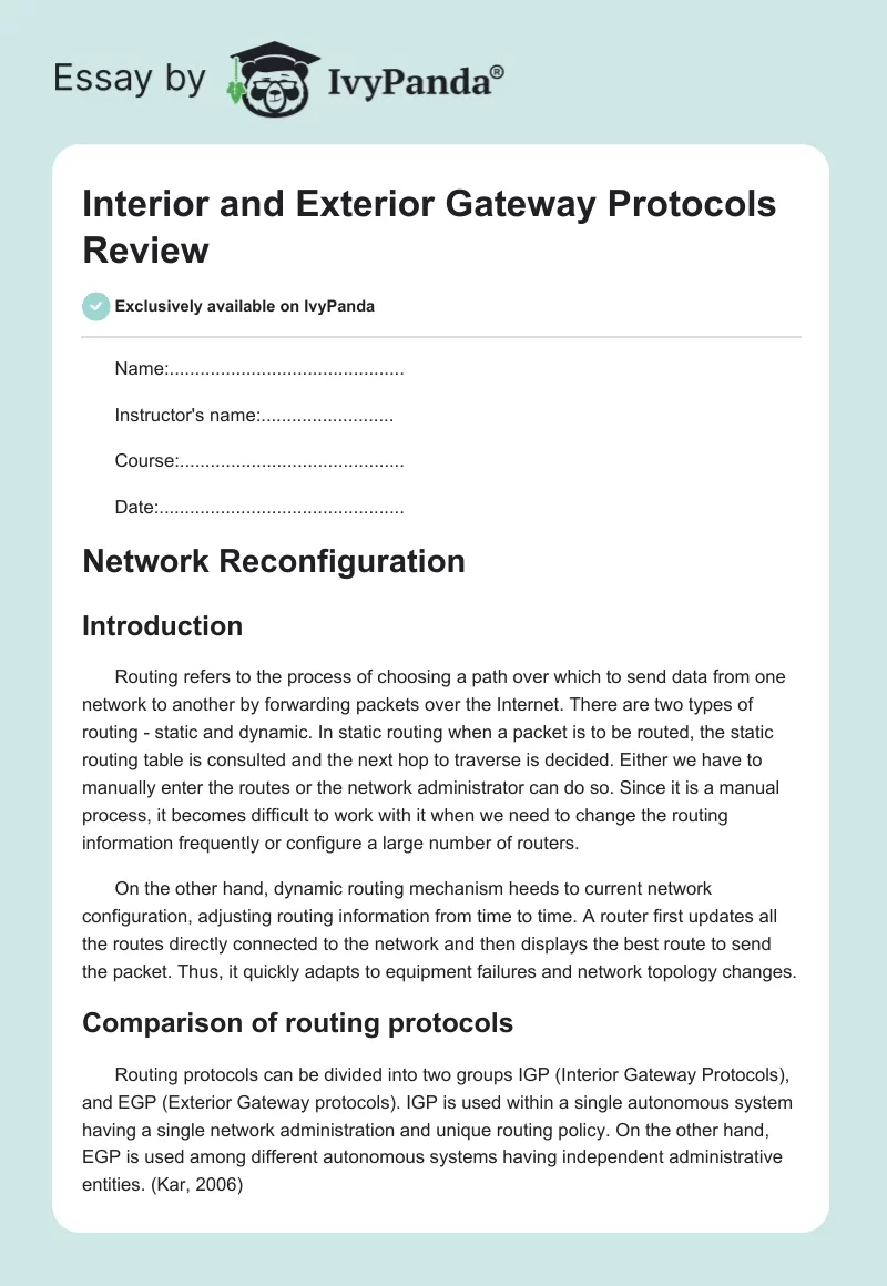 Interior and Exterior Gateway Protocols Review. Page 1