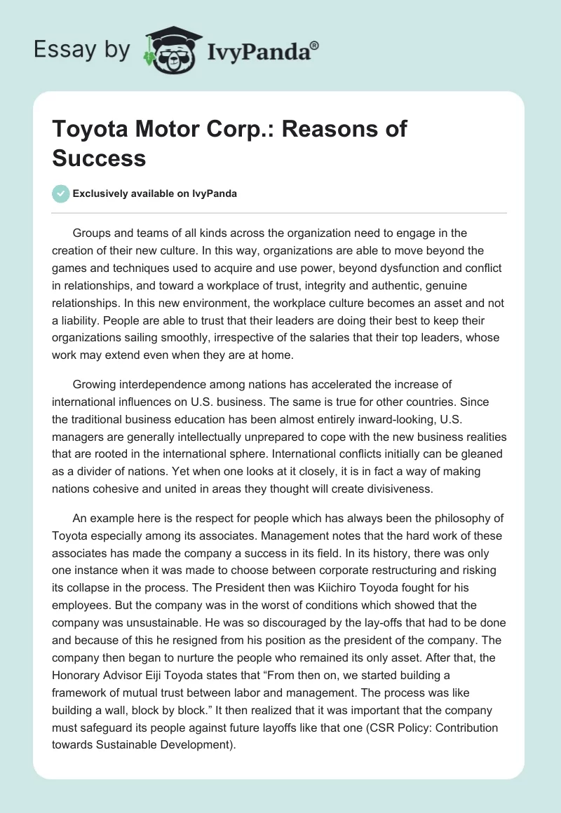 Toyota Motor Corp.: Reasons of Success. Page 1