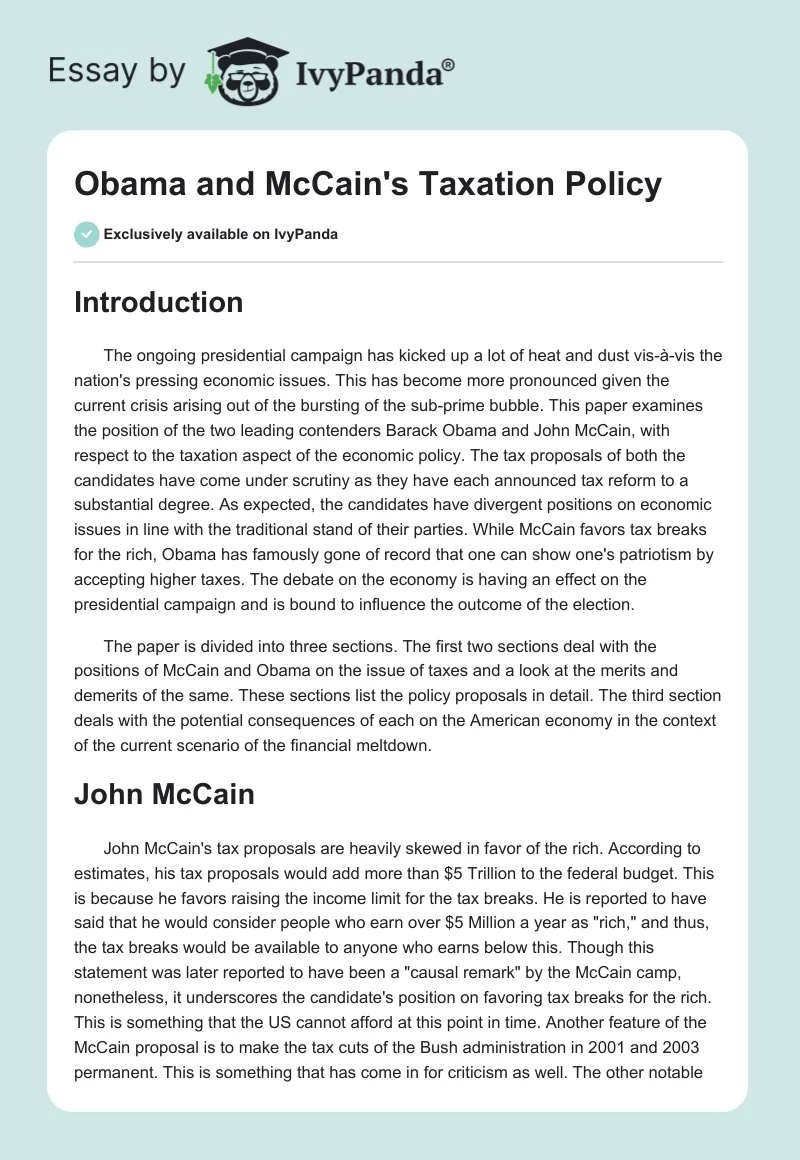 Obama and McCain's Taxation Policy. Page 1