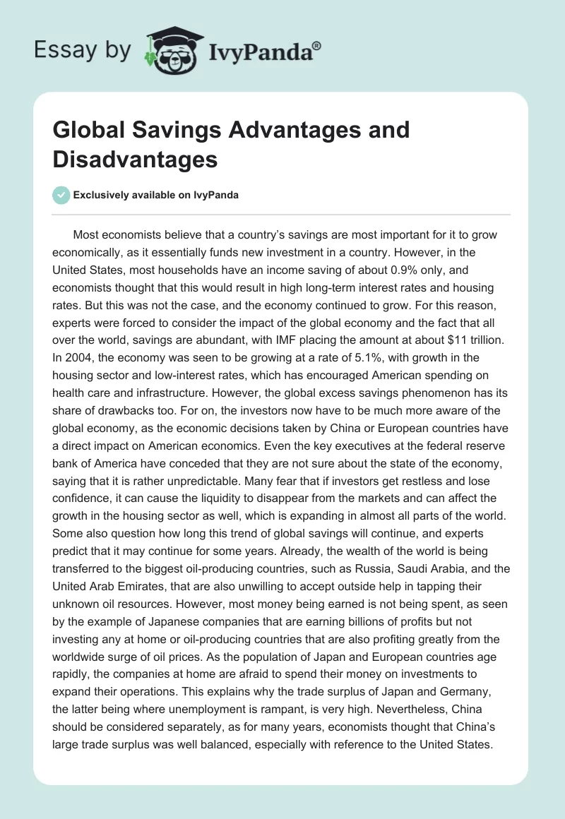 Global Savings Advantages and Disadvantages. Page 1