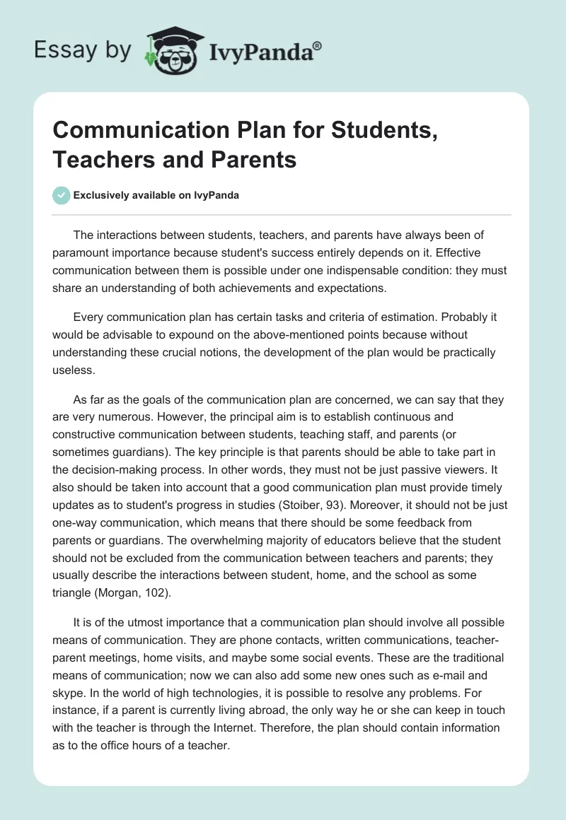 Communication Plan for Students, Teachers and Parents. Page 1