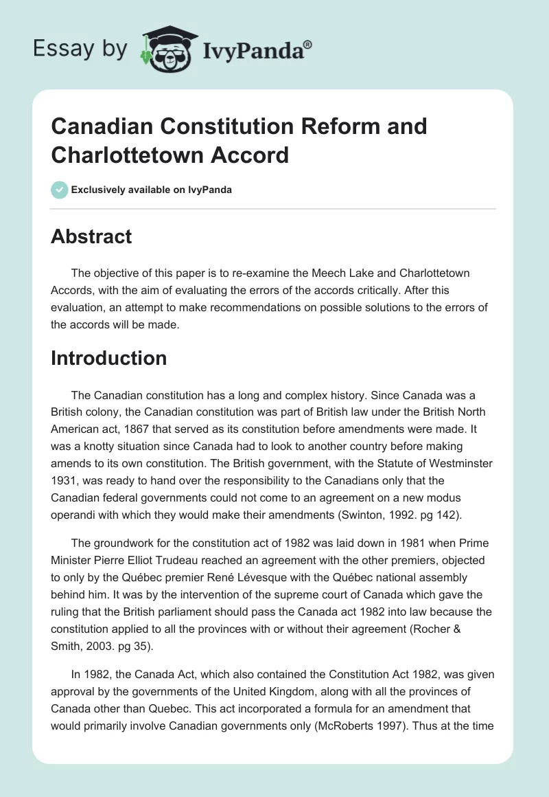 Canadian Constitution Reform and Charlottetown Accord. Page 1