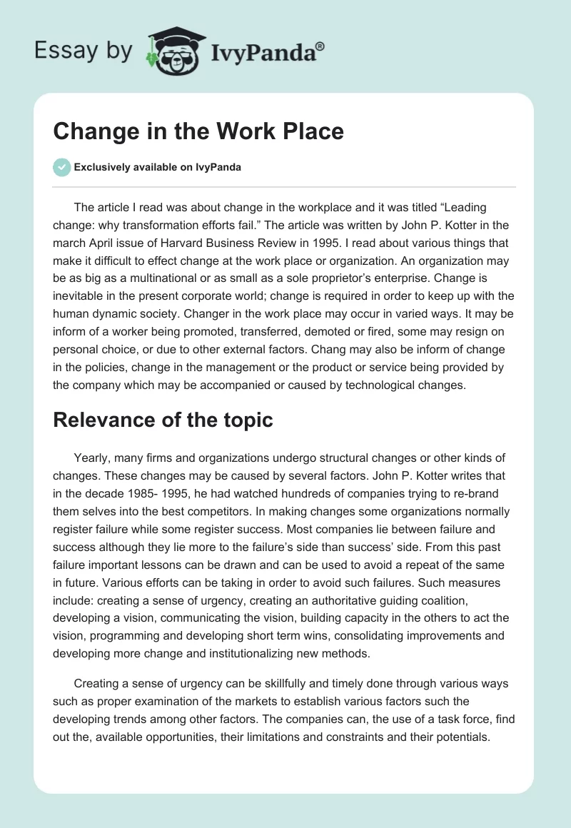 Change in the Work Place. Page 1