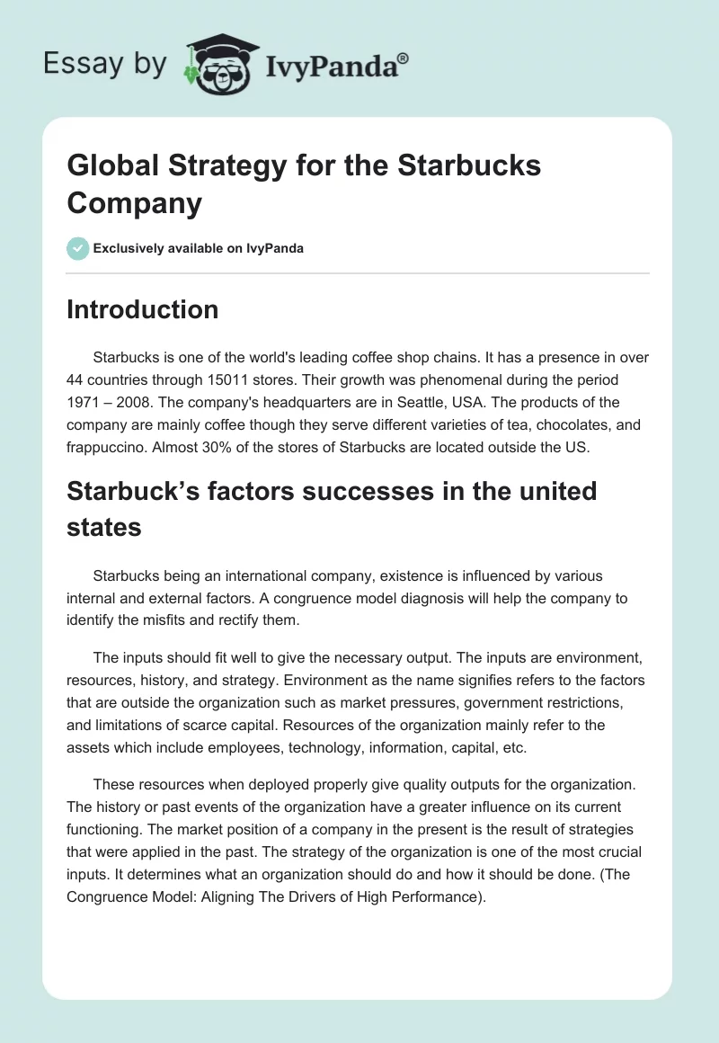 Global Strategy for the Starbucks Company. Page 1
