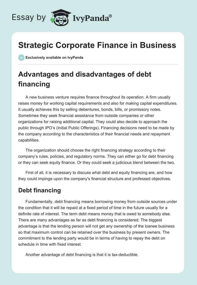 Strategic Corporate Finance in Business. Page 1