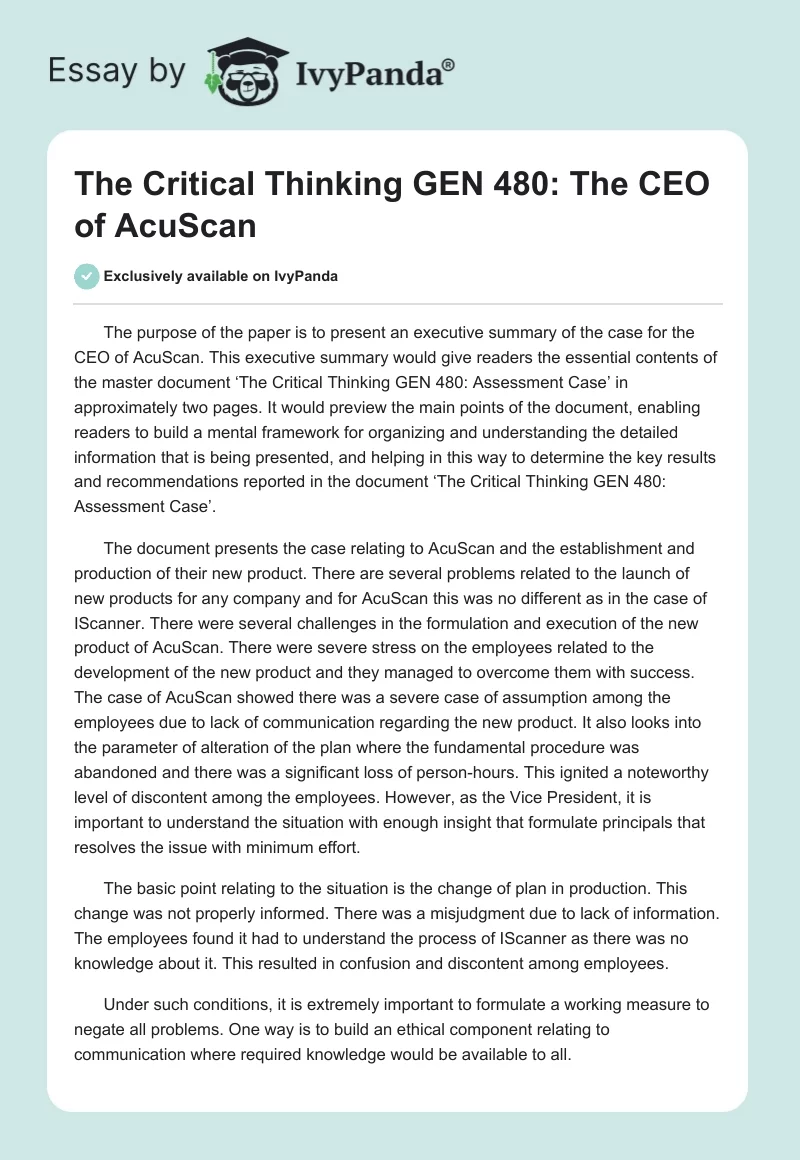 The Critical Thinking GEN 480: The CEO of AcuScan. Page 1