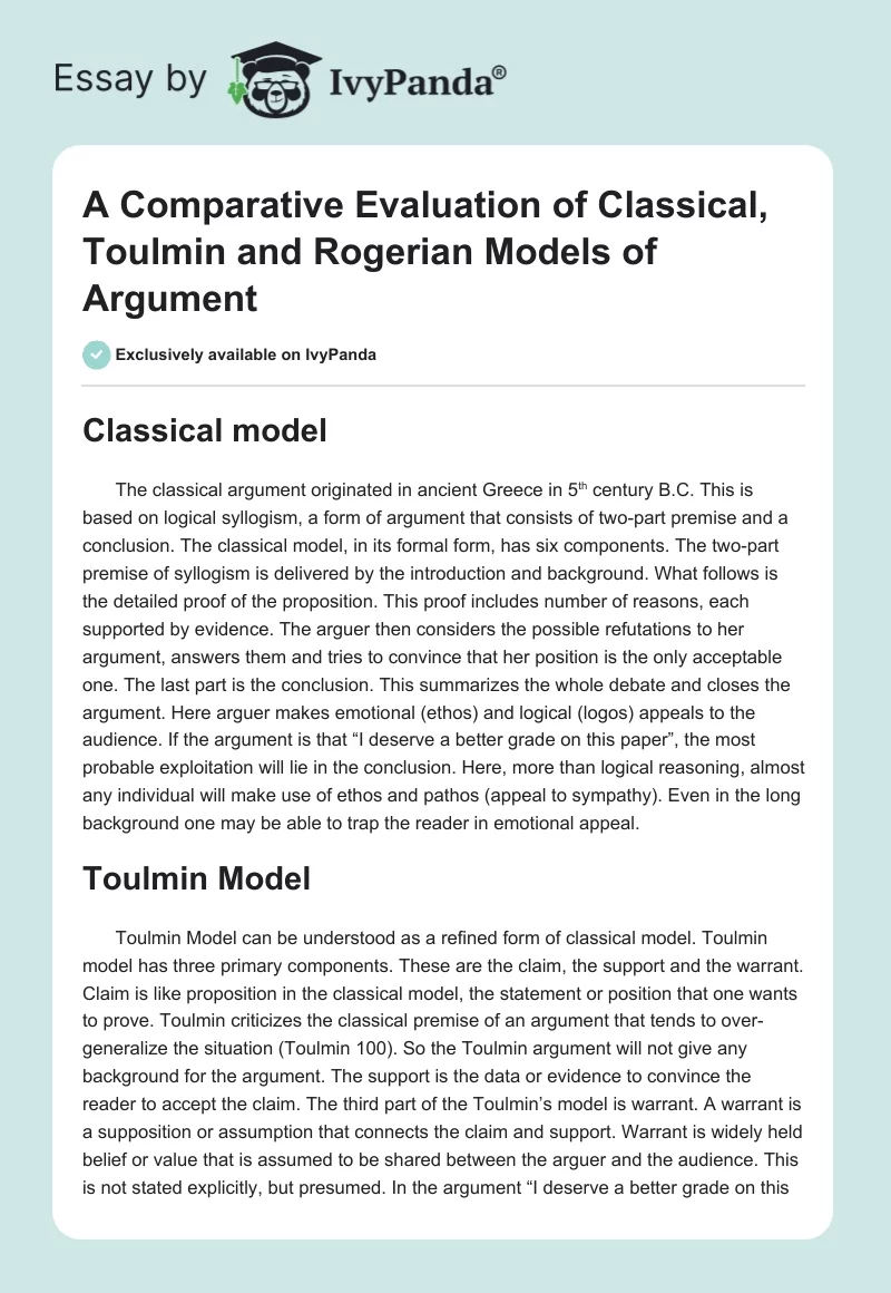 A Comparative Evaluation of Classical, Toulmin and Rogerian Models of Argument. Page 1