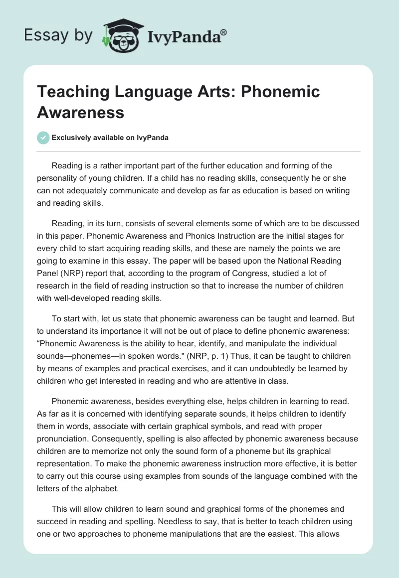 Teaching Language Arts: Phonemic Awareness. Page 1