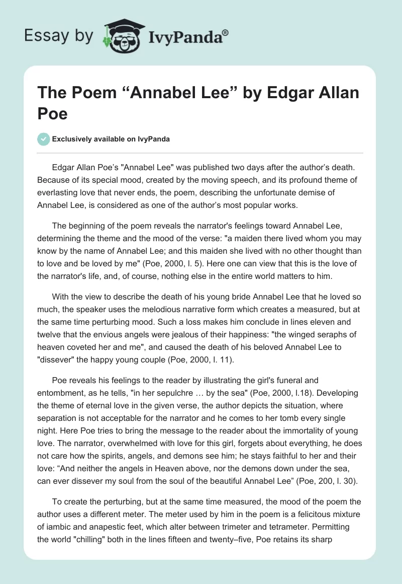 The Poem “Annabel Lee” by Edgar Allan Poe. Page 1