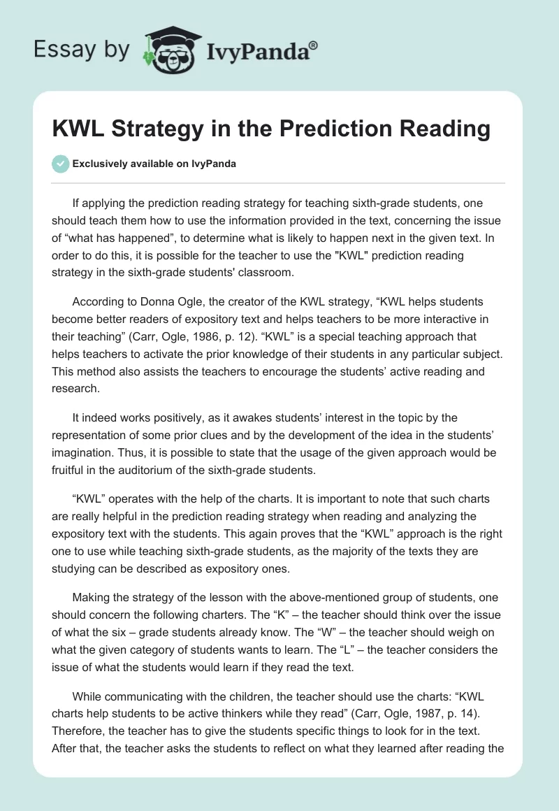KWL Strategy in the Prediction Reading. Page 1