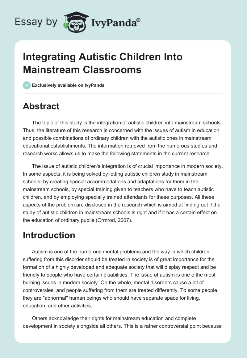 Integrating Autistic Children Into Mainstream Classrooms. Page 1