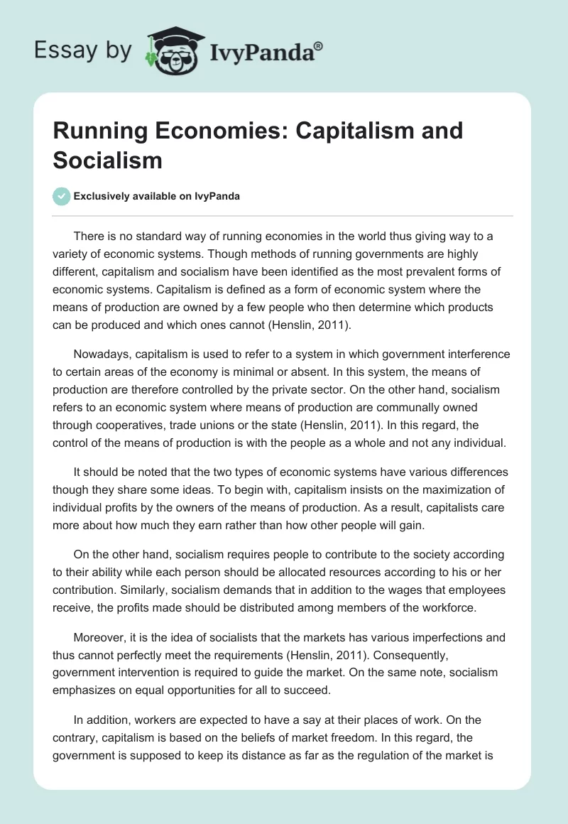 Running Economies: Capitalism and Socialism. Page 1