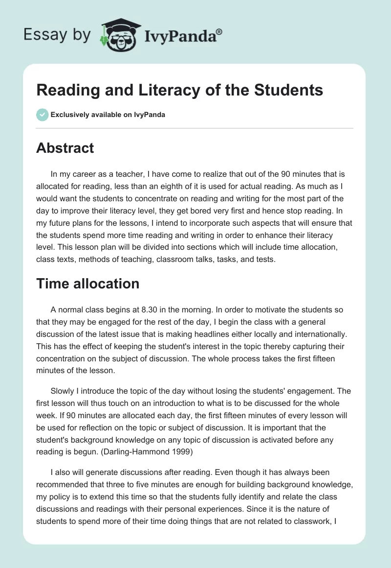 Reading and Literacy of the Students. Page 1