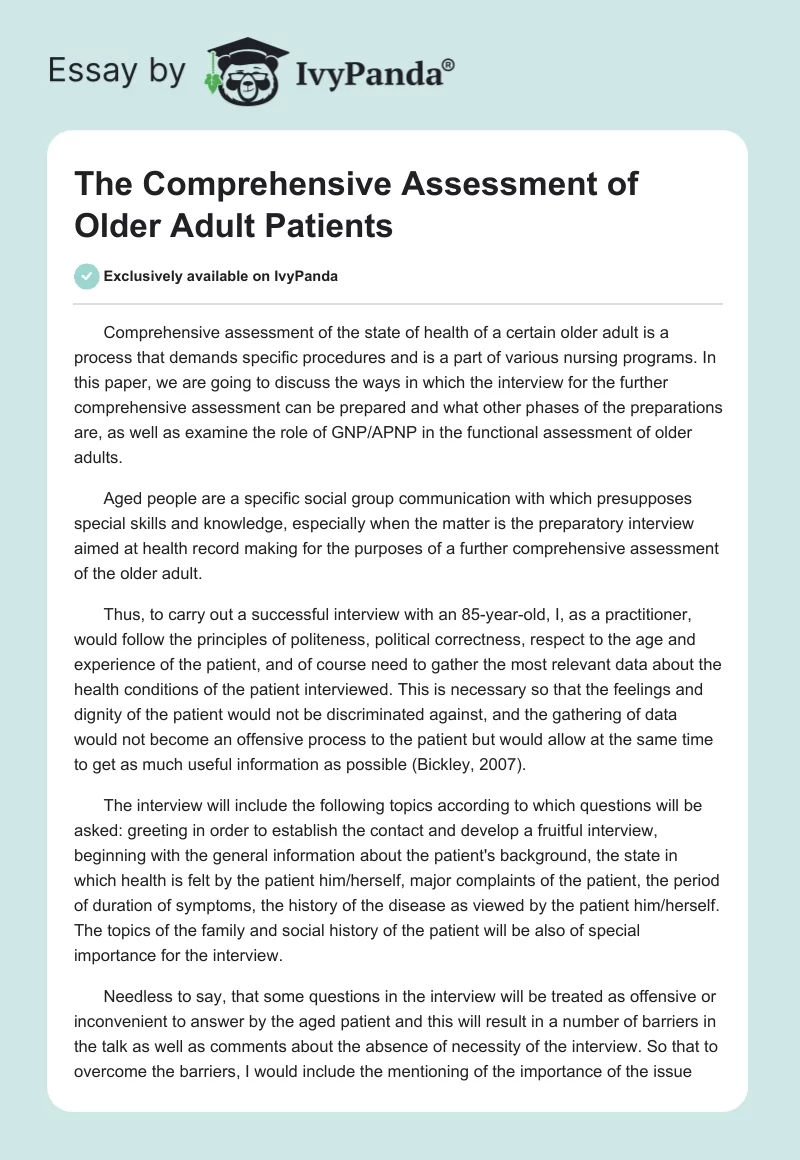 The Comprehensive Assessment of Older Adult Patients. Page 1