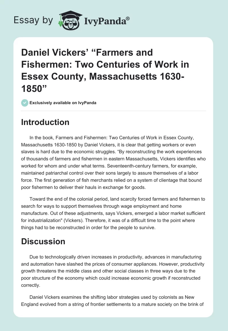 Daniel Vickers’ “Farmers and Fishermen: Two Centuries of Work in Essex County, Massachusetts 1630-1850”. Page 1