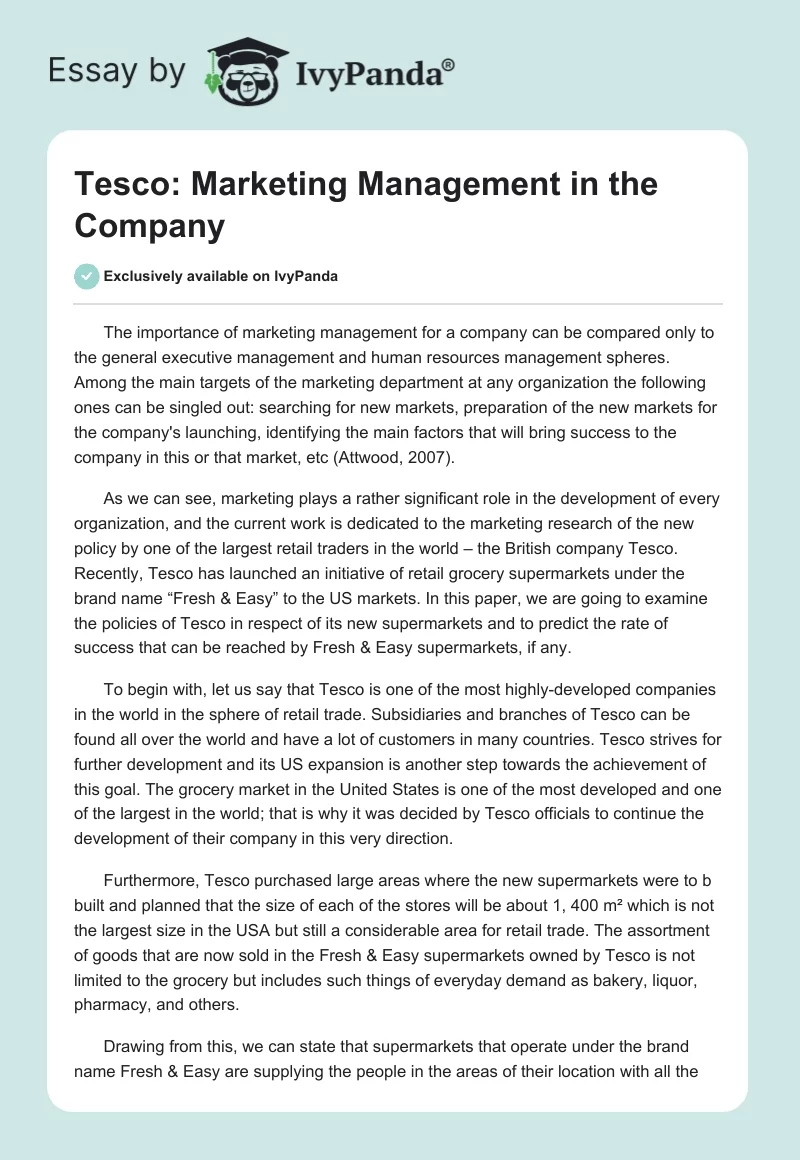Tesco: Marketing Management in the Company. Page 1