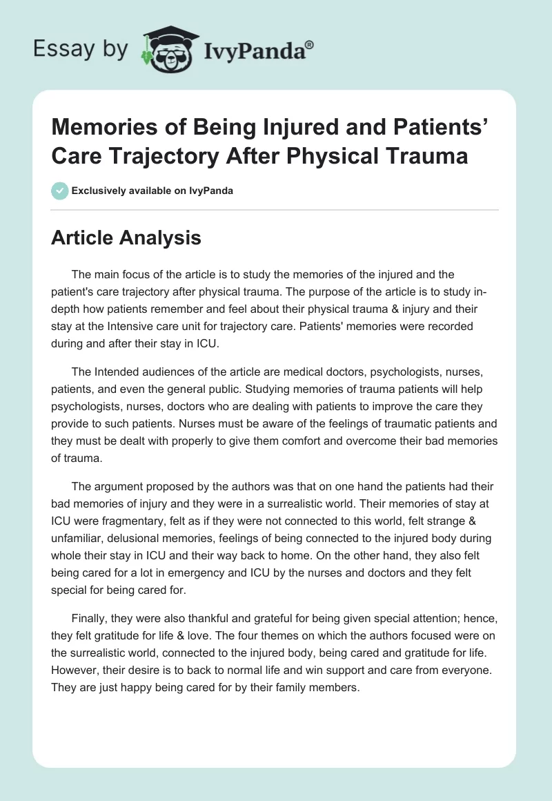 Memories of Being Injured and Patients’ Care Trajectory After Physical Trauma. Page 1