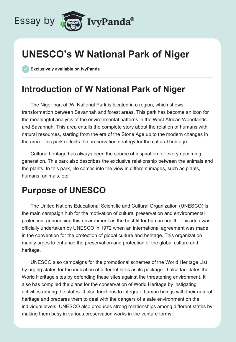 UNESCO’s W National Park of Niger. Page 1