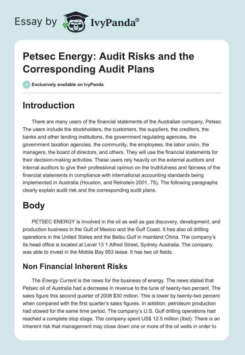 Petsec Energy: Audit Risks and the Corresponding Audit Plans. Page 1