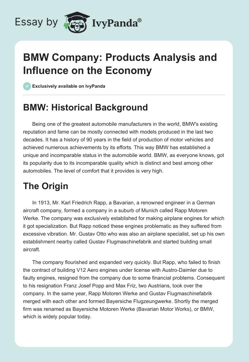 BMW Company: Products Analysis and Influence on the Economy. Page 1