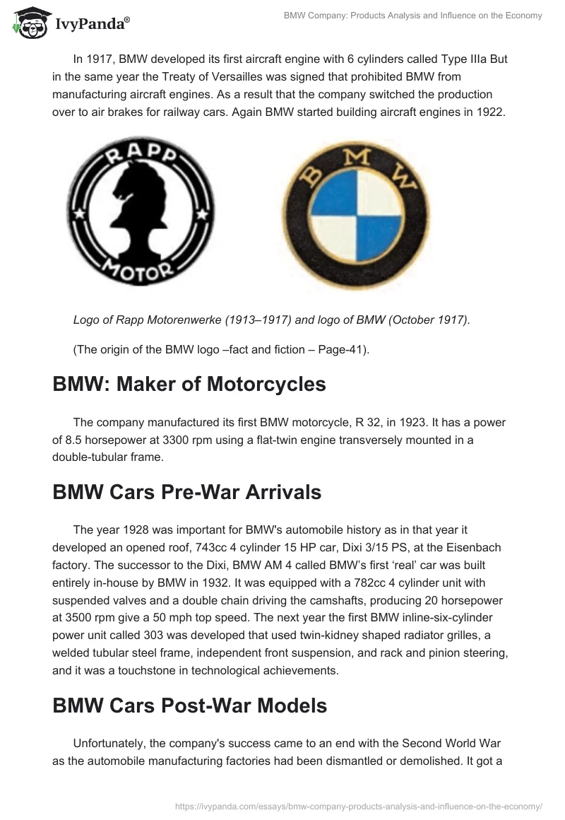 BMW Company: Products Analysis and Influence on the Economy. Page 2