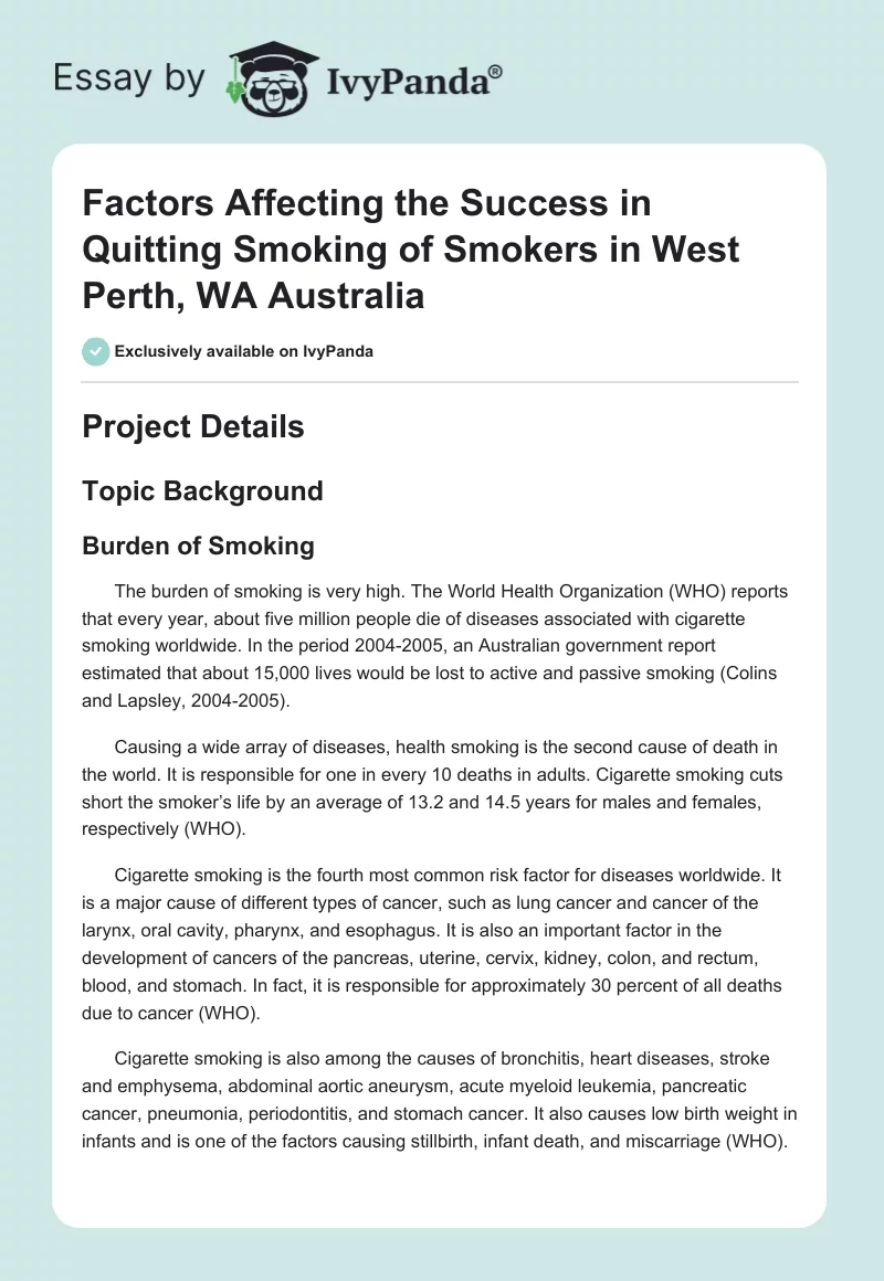 Factors Affecting the Success in Quitting Smoking of Smokers in West Perth, WA Australia. Page 1