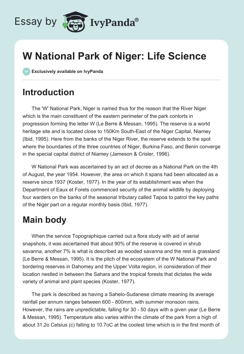 W National Park of Niger: Life Science. Page 1