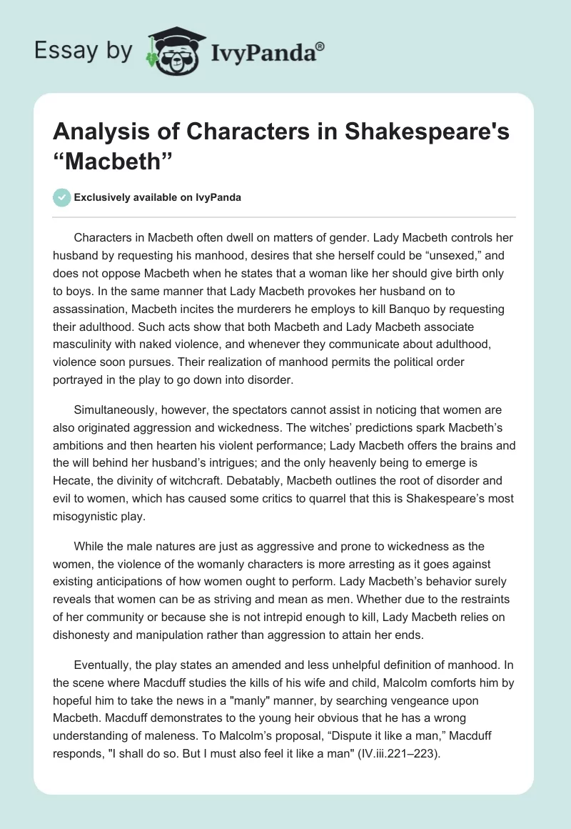 Analysis of Characters in Shakespeare's “Macbeth”. Page 1