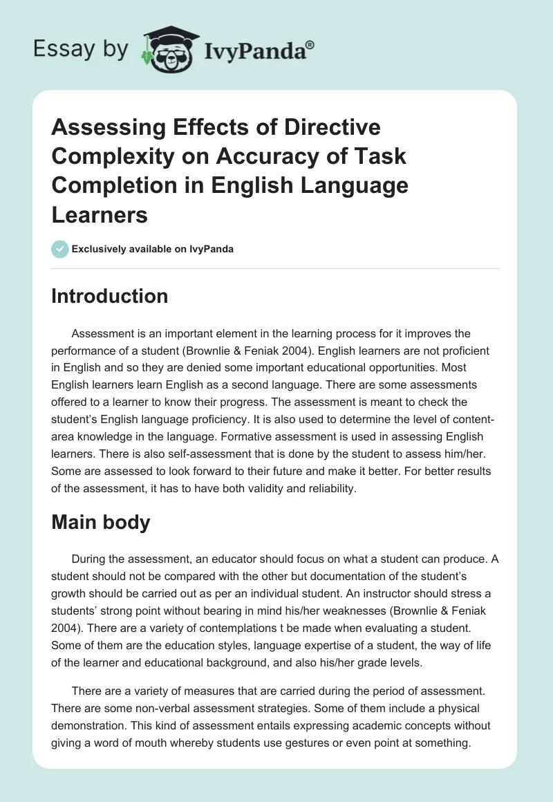 Assessing Effects of Directive Complexity on Accuracy of Task Completion in English Language Learners. Page 1