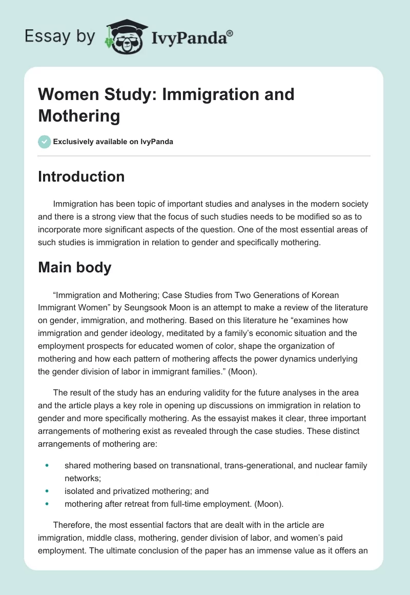 Women Study: Immigration and Mothering. Page 1