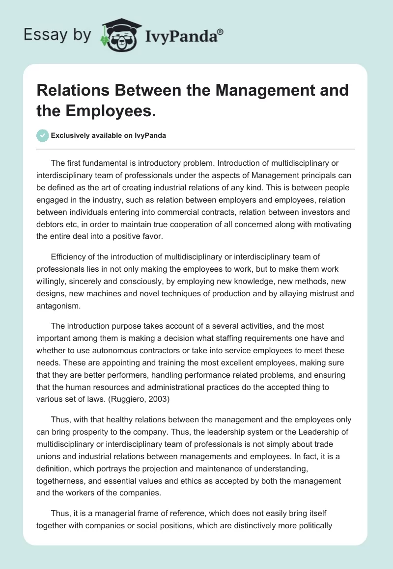 Relations Between the Management and the Employees.. Page 1