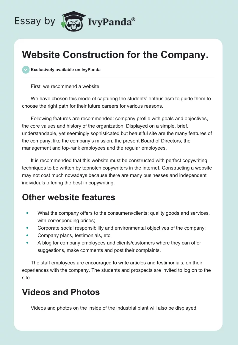 Website Construction for the Company.. Page 1