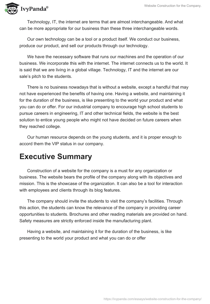 Website Construction for the Company.. Page 3