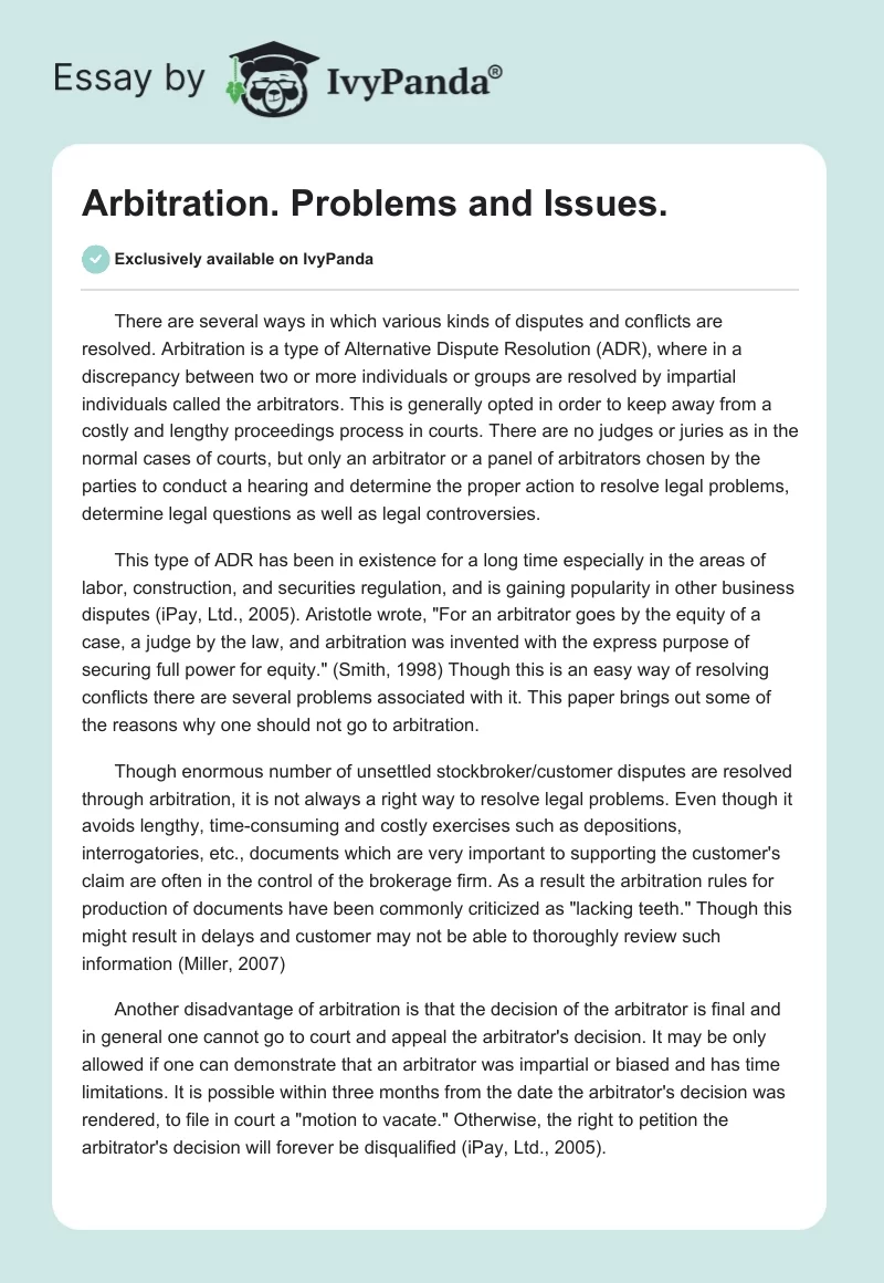 Arbitration. Problems and Issues.. Page 1
