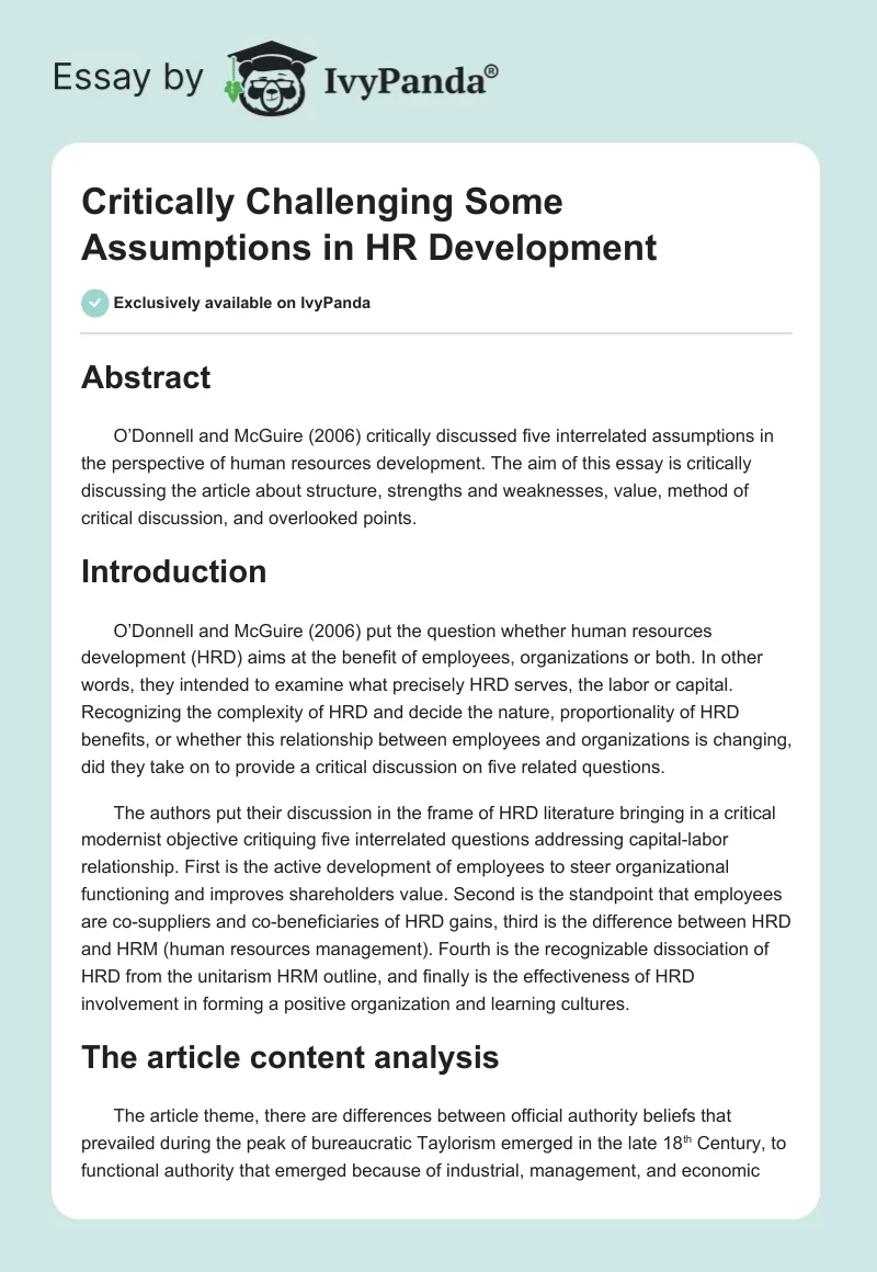 Critically Challenging Some Assumptions in HR Development. Page 1