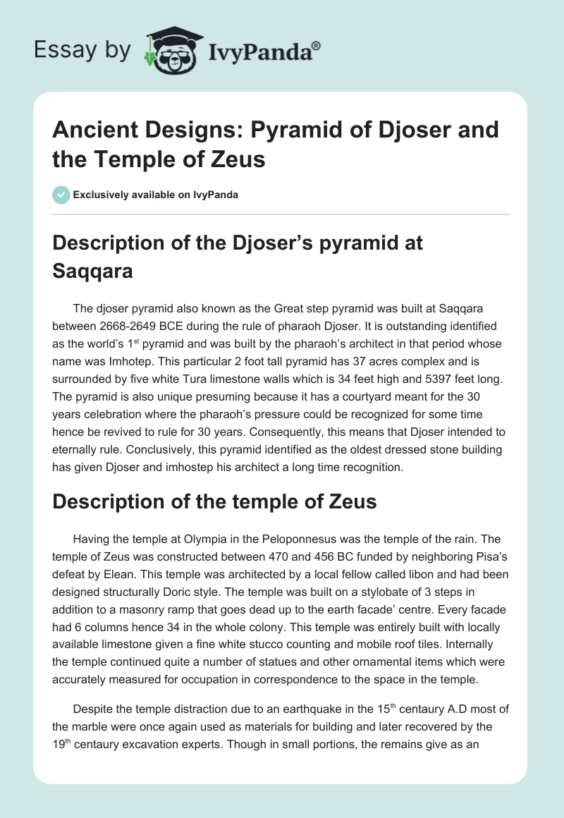 Ancient Designs: Pyramid of Djoser and the Temple of Zeus. Page 1