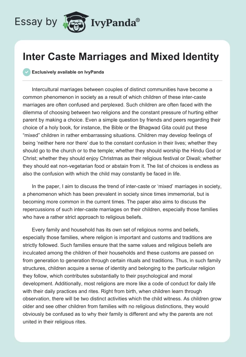 Inter Caste Marriages and Mixed Identity. Page 1