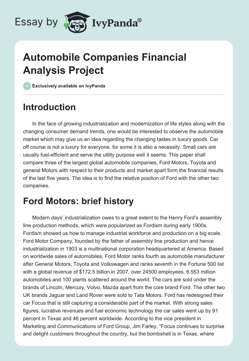 Automobile Companies Financial Analysis Project. Page 1