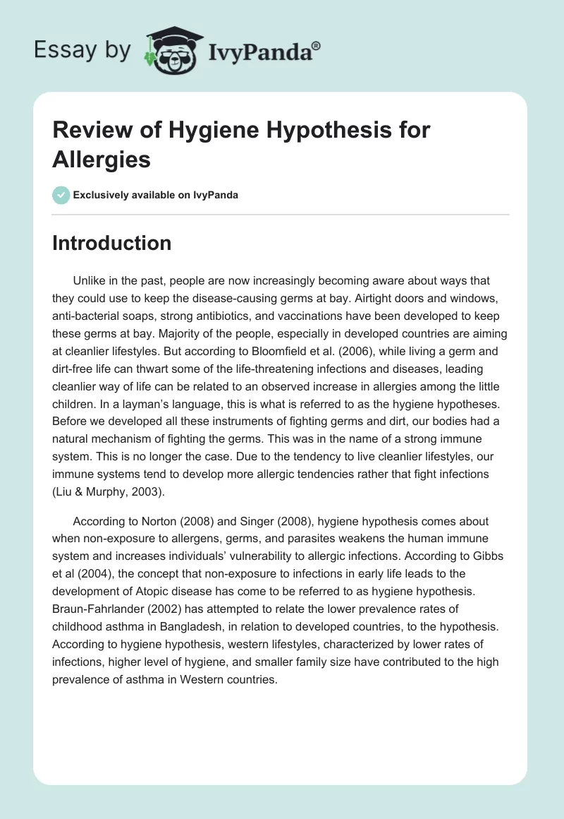 Review of Hygiene Hypothesis for Allergies. Page 1