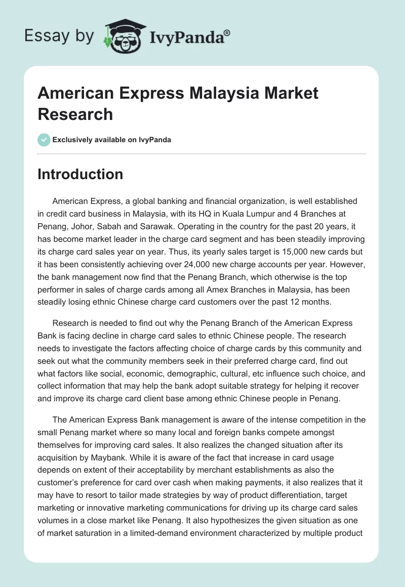 American Express Malaysia Market Research. Page 1
