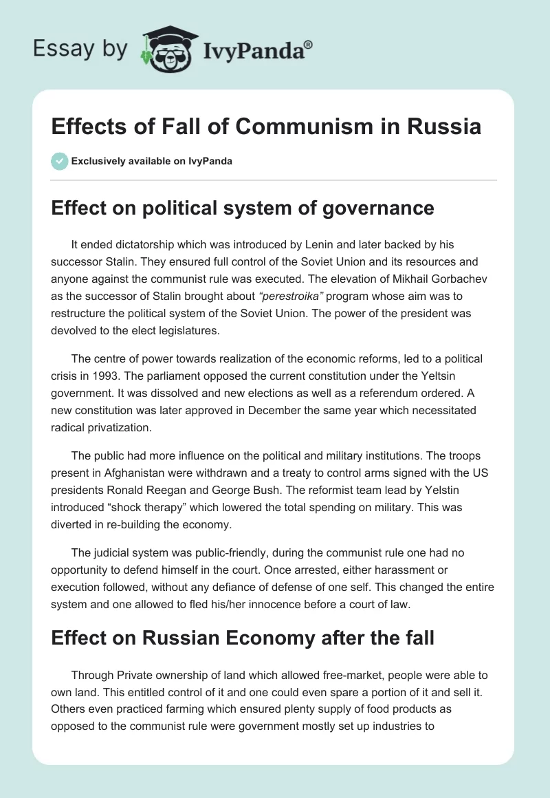 Effects of Fall of Communism in Russia. Page 1