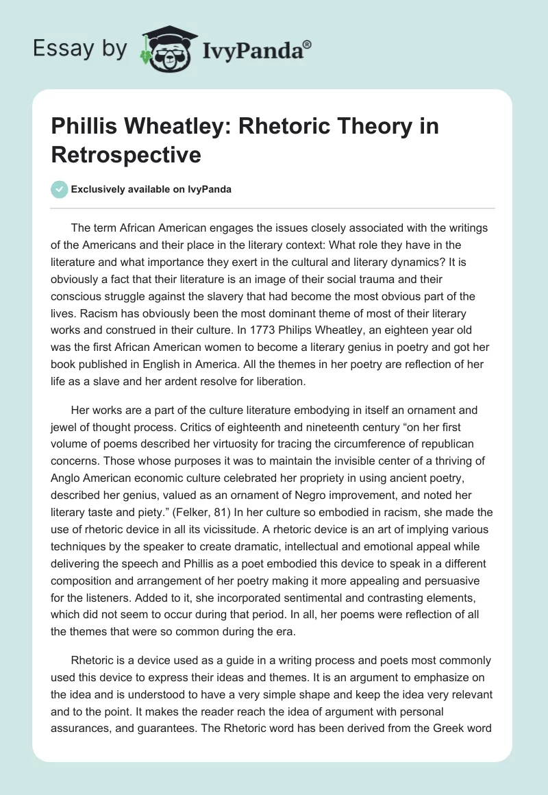 Phillis Wheatley: Rhetoric Theory in Retrospective. Page 1